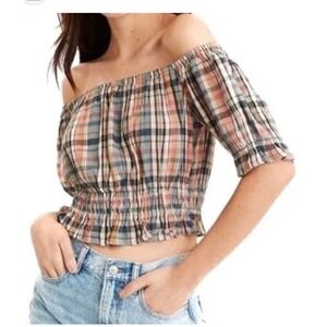American Eagle Plaid Off The Shoulder Smocked Crop Top Multi Color Size XS